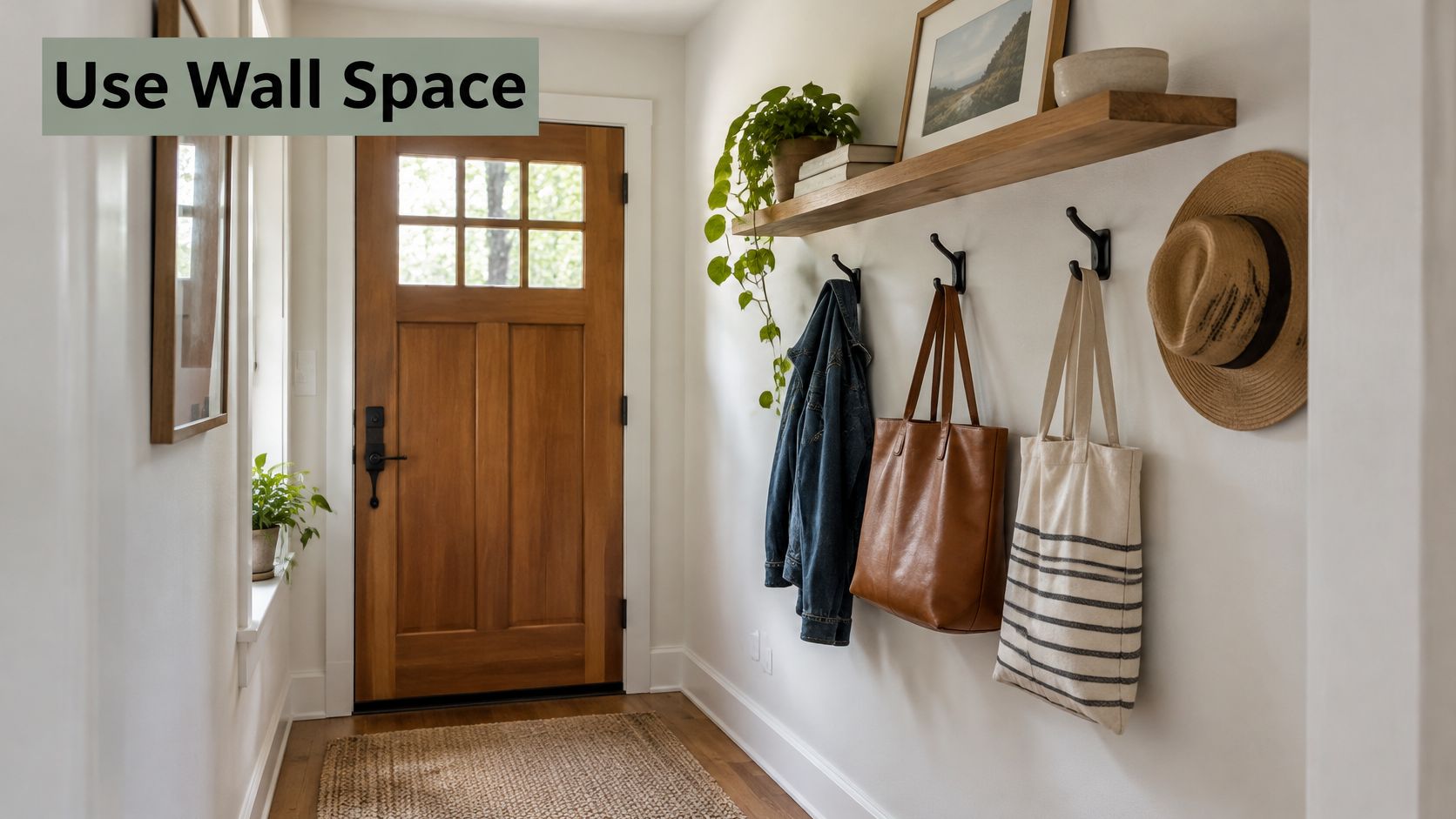 A modern entryway featuring wall-mounted shelves, coat hooks, and hanging bags for efficient small space organization.