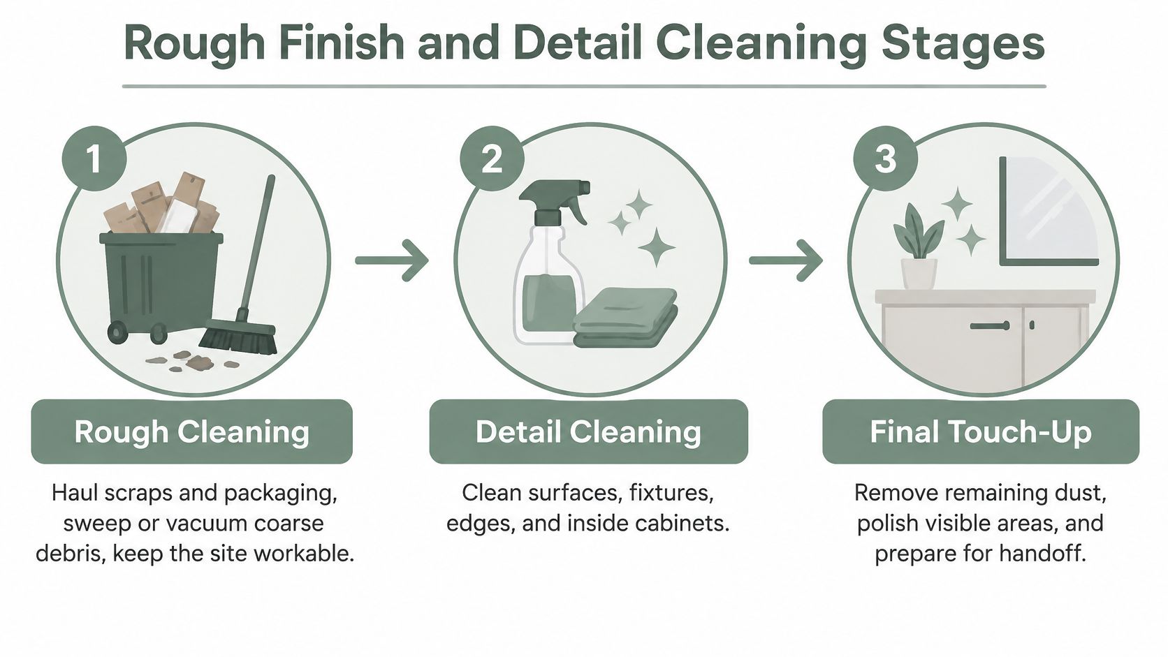 An infographic showing the three stages of post-construction cleaning: rough cleaning, detail cleaning, and final touch-up.