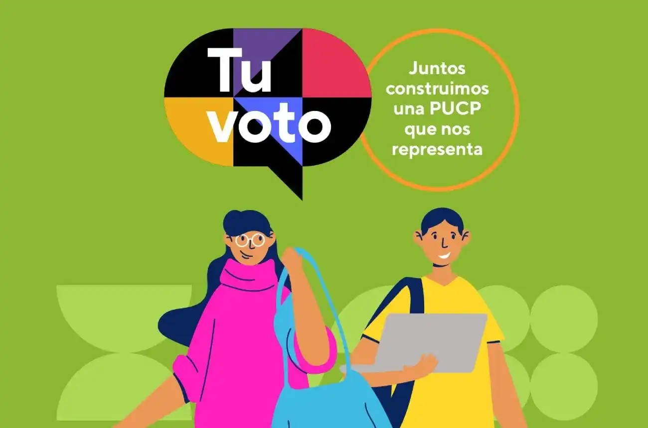 Ilustración colorida de estudiantes con materiales académicos y el texto “Tu voto. Juntos construimos una PUCP que nos representa”, alusiva a las elecciones estudiantiles