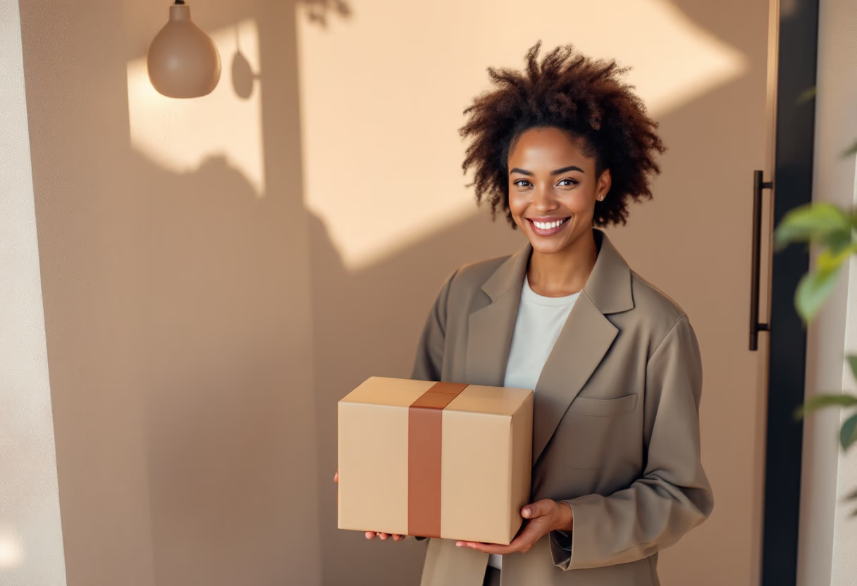 a courier handing a package at a customer's doorstep