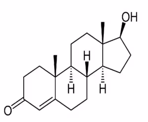 Structural formula of a steroid molecule showing four fused rings with a hydroxyl group (OH) on the top right and a carbonyl group (C=O) on the bottom left.
