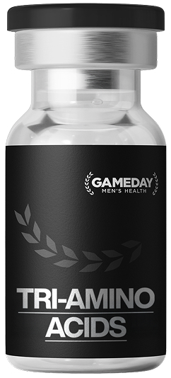 Gameday Men’s Health Tri-Amino Acids supplement bottle promoting muscle recovery, blood flow, and performance support.