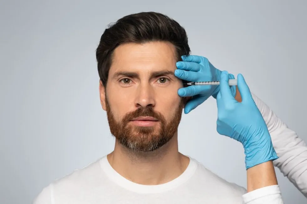 A man receiving Botox facial injections on his forehead from a medical professional in Encino