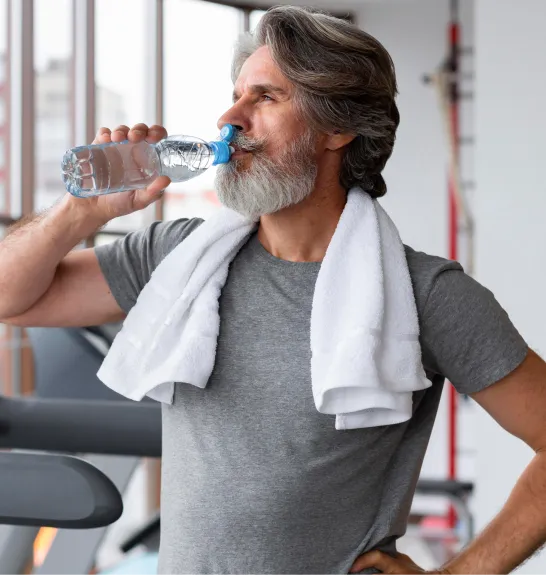 Older man hydrating at the gym with a towel around his neck, representing improved energy metabolism and recovery benefits from Vitamin B Complex injections for men.