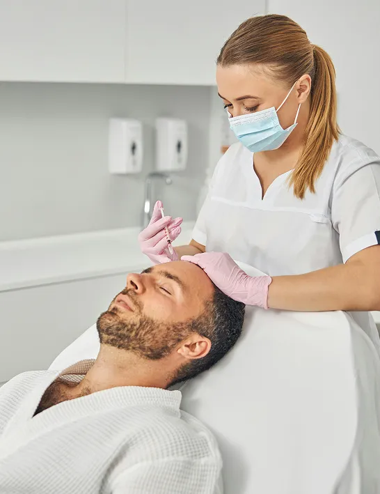 Female medical professional administering PRP injection on a male patient to restore and prevent hair loss.
