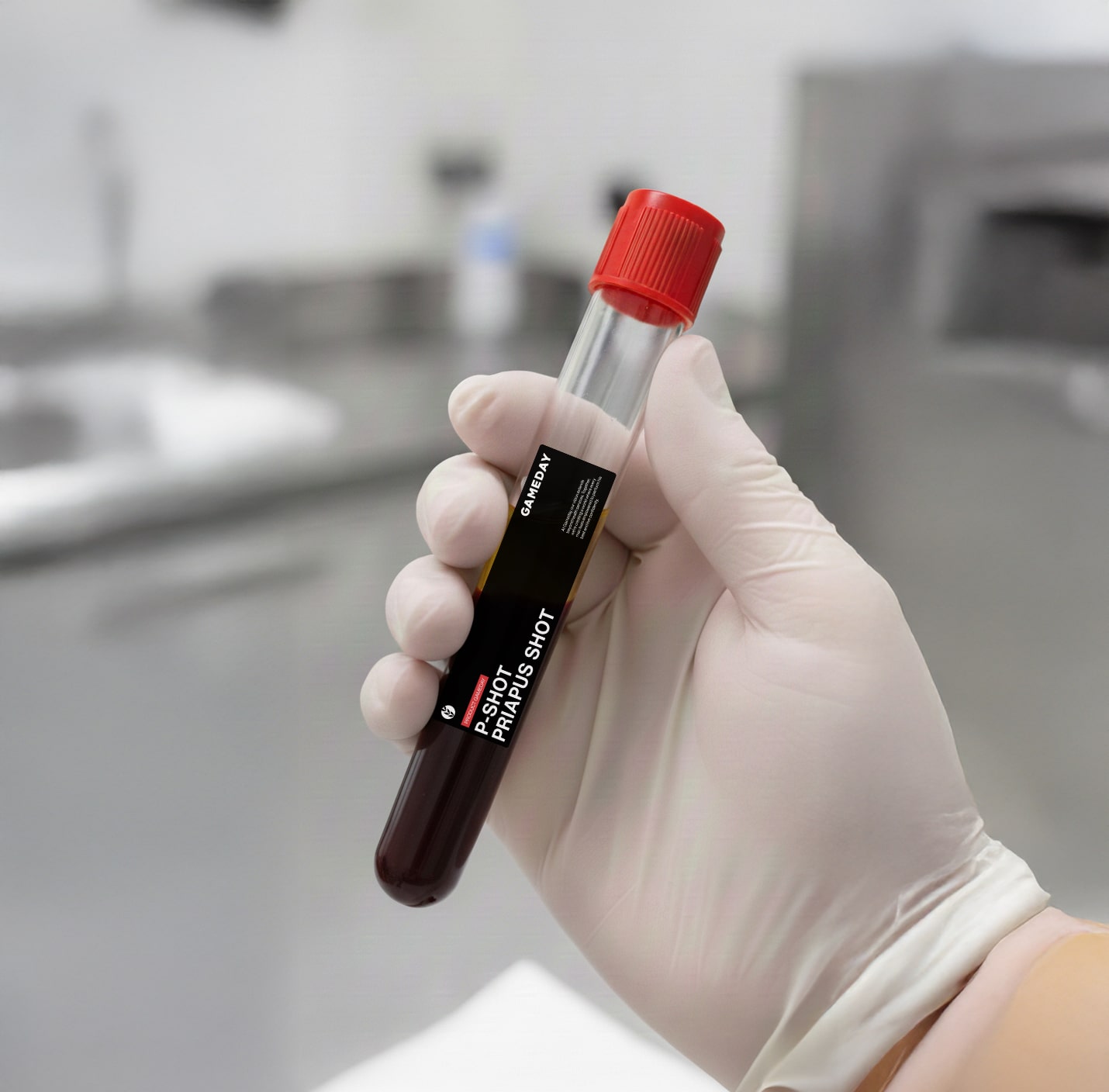 Gloved hand holding a vial of platelet-rich plasma (PRP) used in P-Shot therapy for male sexual health enhancement.