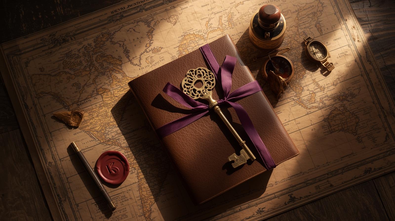 Vintage leather journal tied with a purple ribbon and ornate brass key on an old world map surrounded by a compass, ink bottle, sealing wax, pen, and dried leaves.
