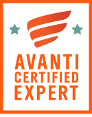 Avanti Certified Expert badge with orange wing logo and teal stars on a black background.