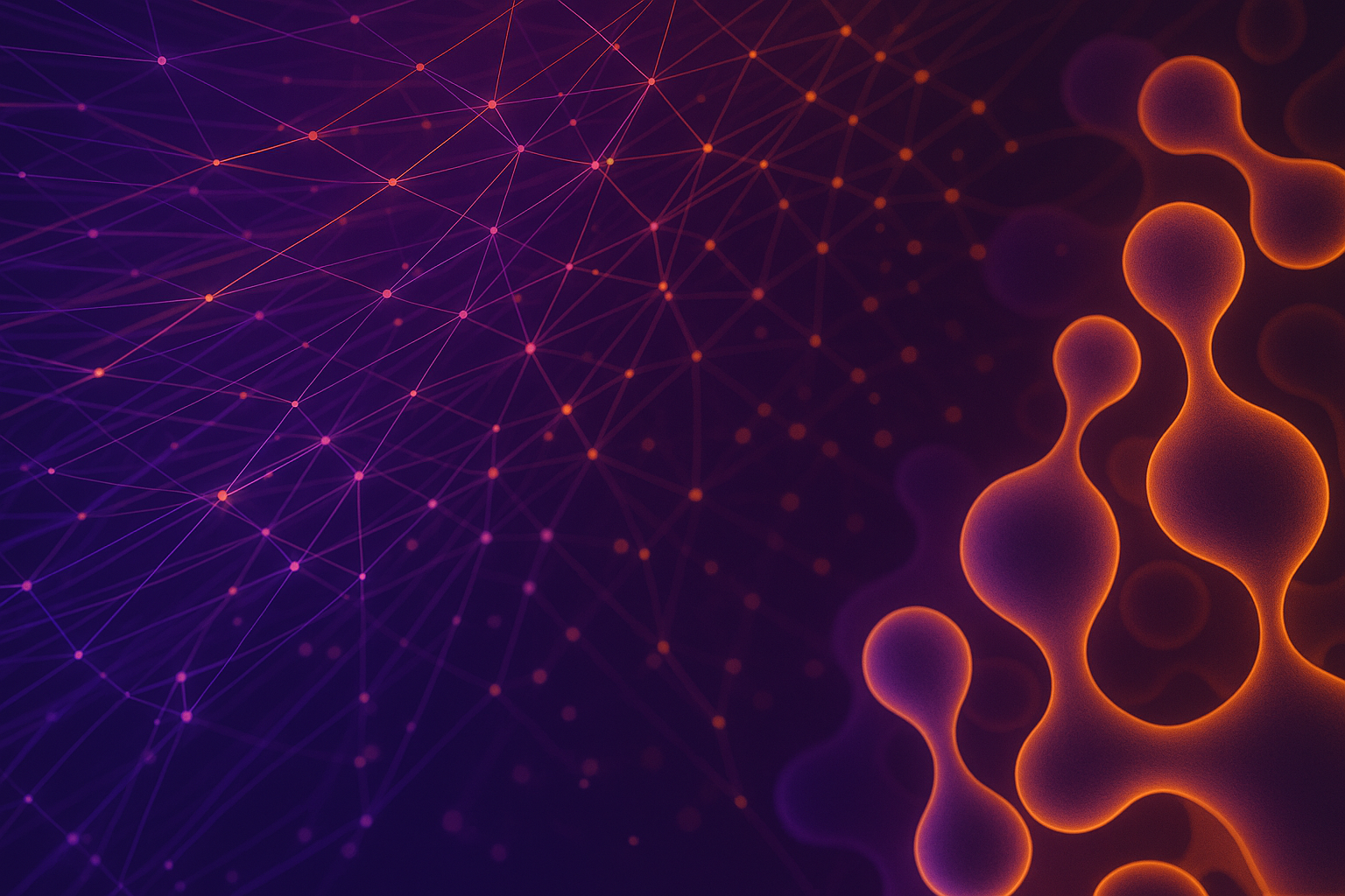 Abstraktes wissenschaftliches Netzwerk aus leuchtenden Knotenpunkten und verbundenen Linien auf dunklem Hintergrund mit orangefarbenen Blasenstrukturen rechts.