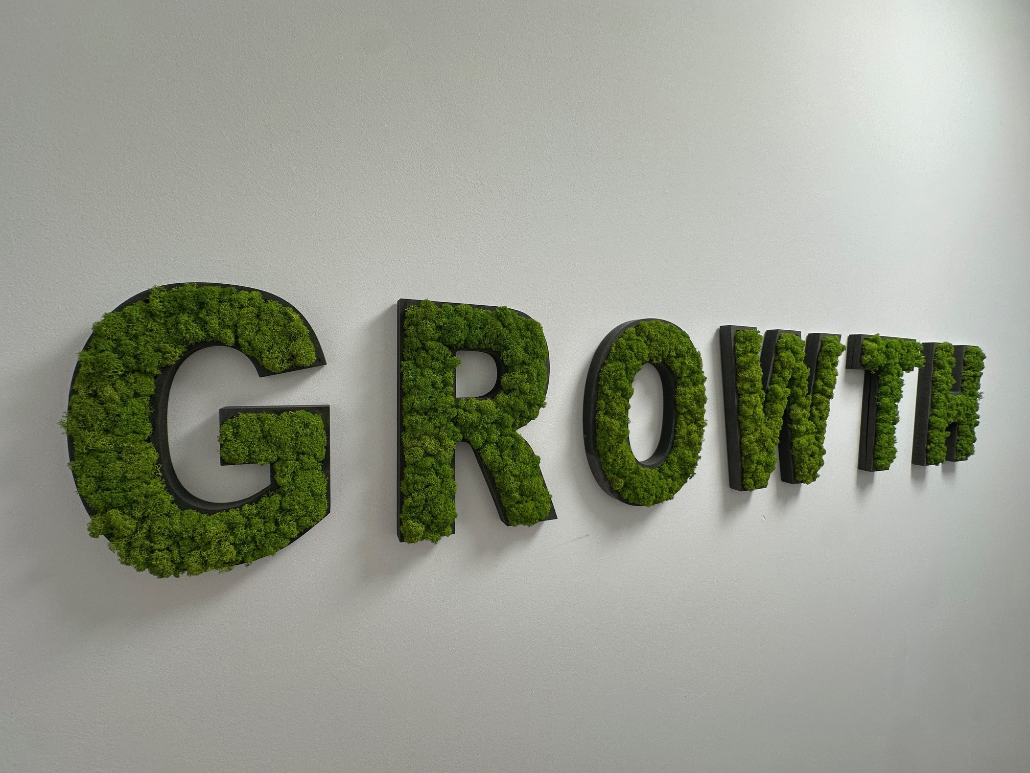 Das Wort GROWTH an einer Wand, die Buchstaben sind mit grünem Moos bedeckt.