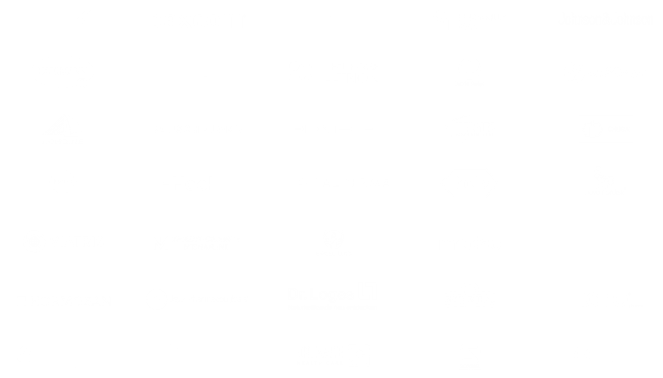 Logos von pharmazeutischen und Gesundheitsunternehmen wie GSK, Dexcom, Bayer, Johnson & Johnson, Novartis, BioNTech, Roche, Abbvie und anderen. Kunden von WEFRA LIFE.