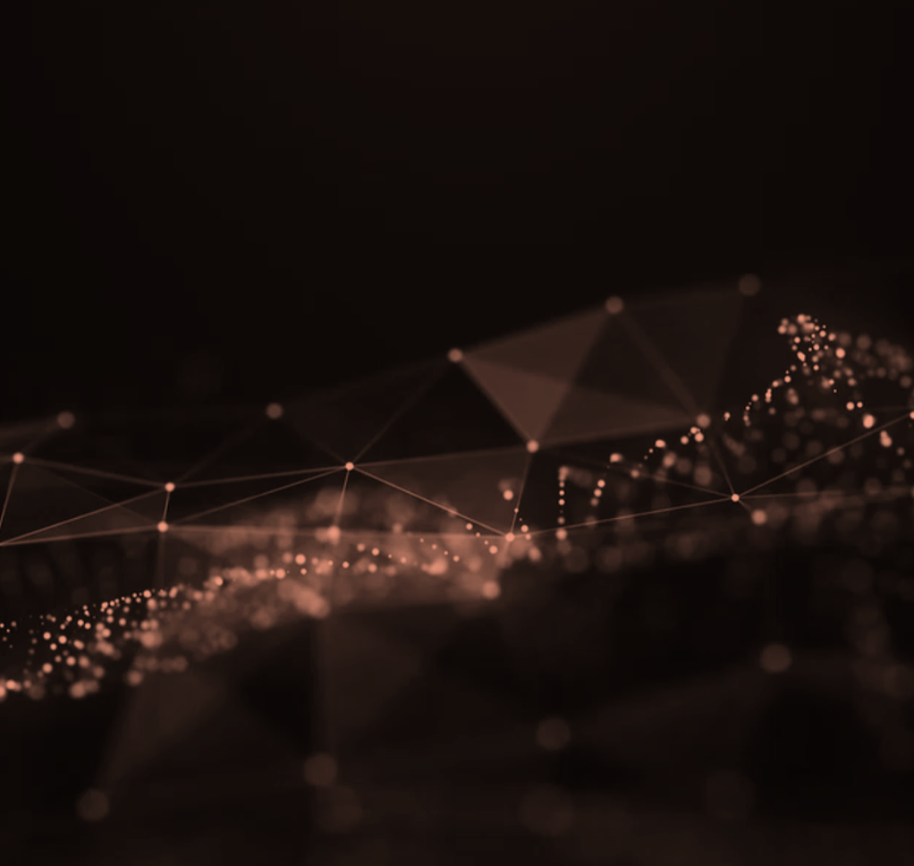 Abstraktes Netzwerk aus verbundenen Punkten und Linien in dunklen, kupferfarbenen Tönen.