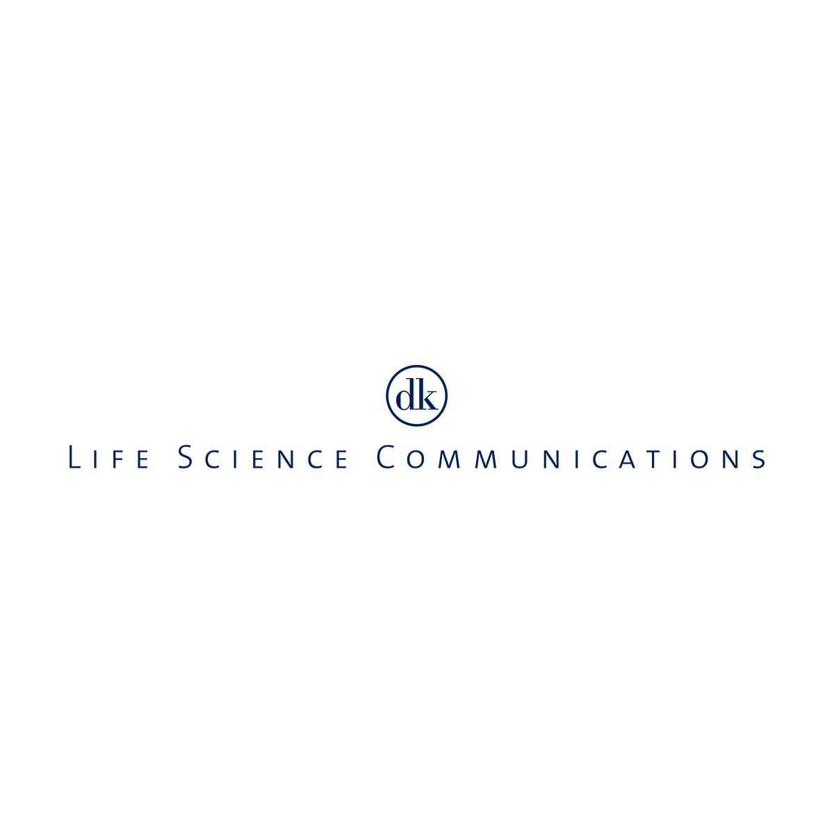 Logo mit den Buchstaben 'dk' in einem Kreis über dem Text 'Life Science Communications'.