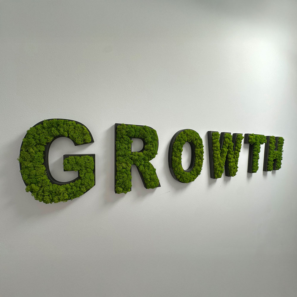 Grünes Moos in großen Buchstaben an einer weißen Wand, die das Wort Wachstum bilden.