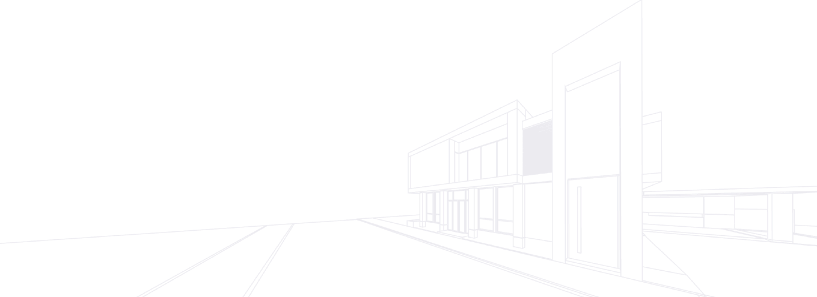 Wireframe illustration of a modern two-story building with a wide road in front and minimal architectural details.