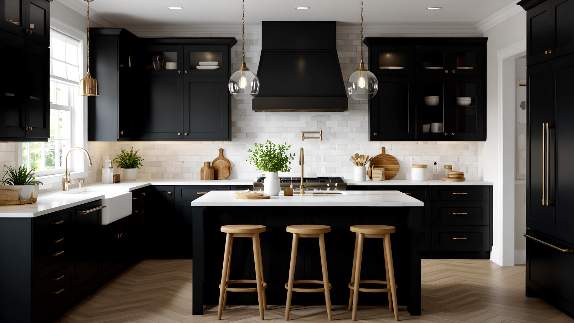 Modern kitchen with black cabinets, white countertops, wooden stools at an island, brass fixtures, and white subway tile backsplash.