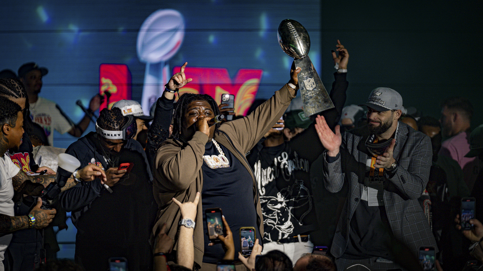 Crowd celebrating at a Super Bowl event filmed by Mile 1 Media