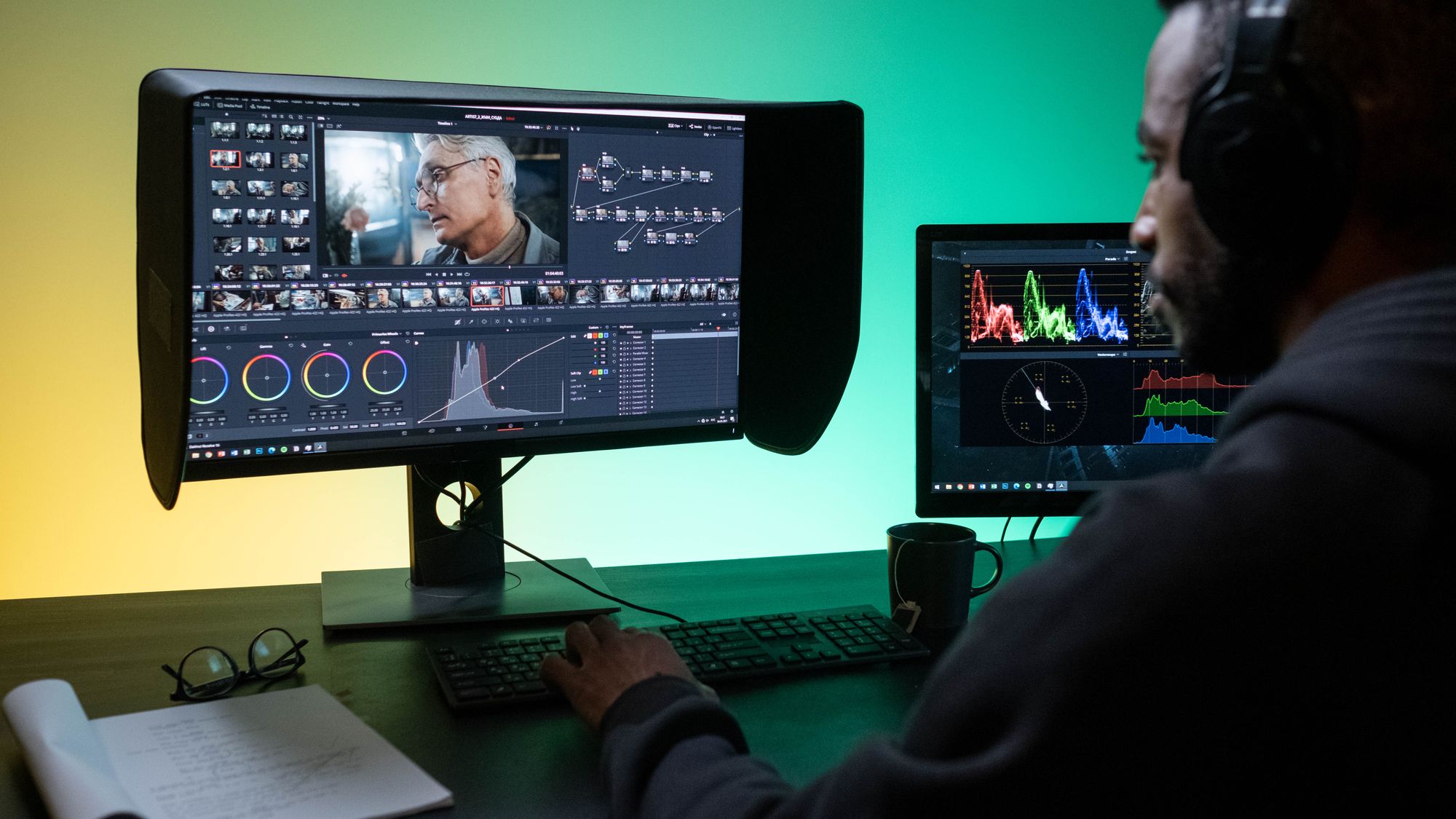 Video editor color grading footage in a professional post-production suite