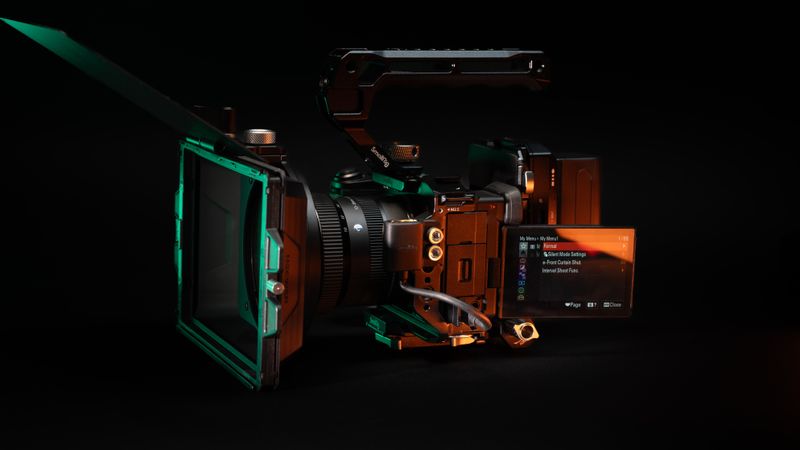 High-quality video camera rig featuring lens and display screen, ideal for filmmaking and studio work.