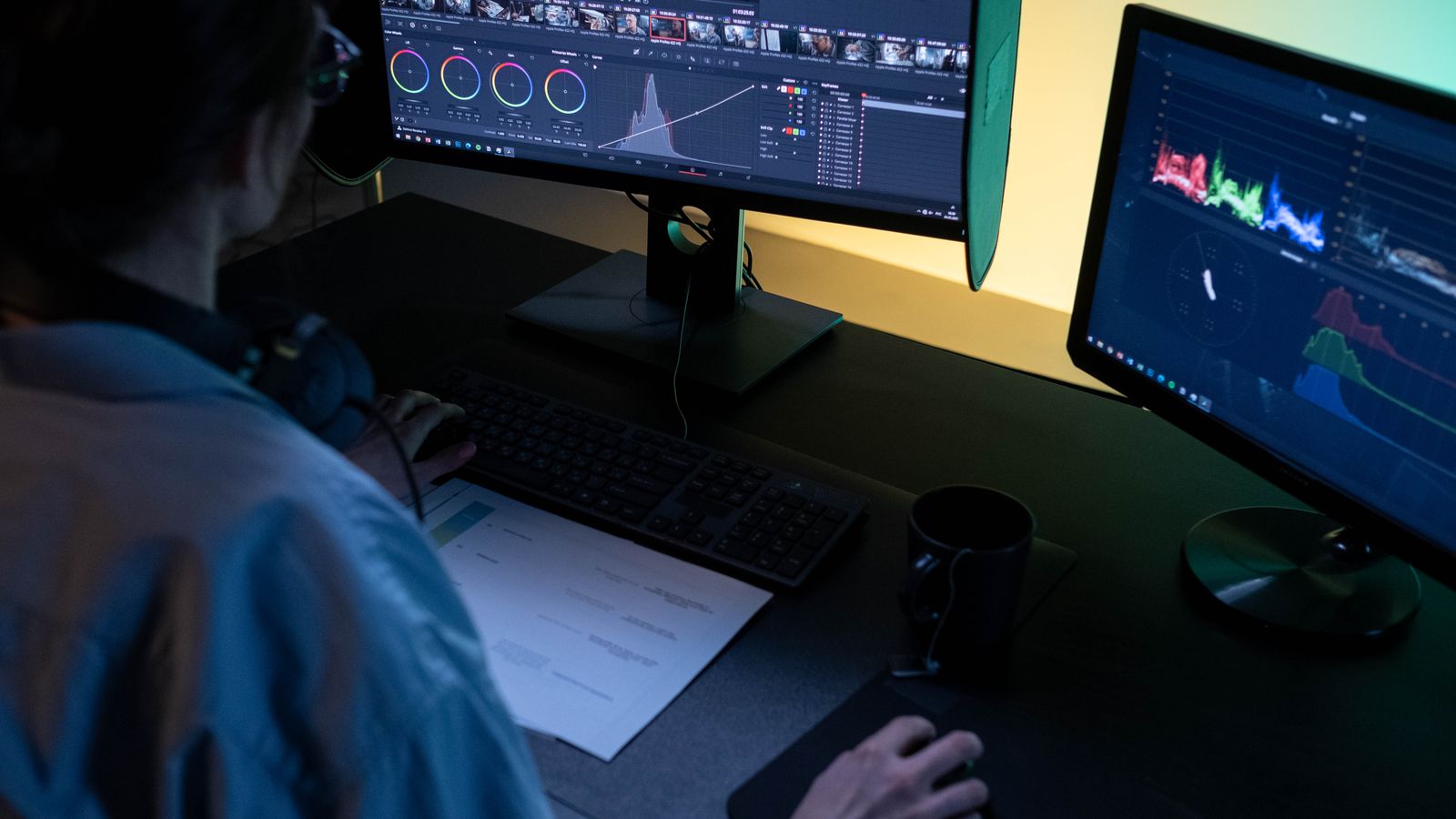A video editor using dual monitors for editing footage in a dimly lit studio.