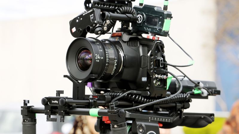 Close-up of a professional camera rig outdoors in Melbourne, VIC, showcasing film production equipment.