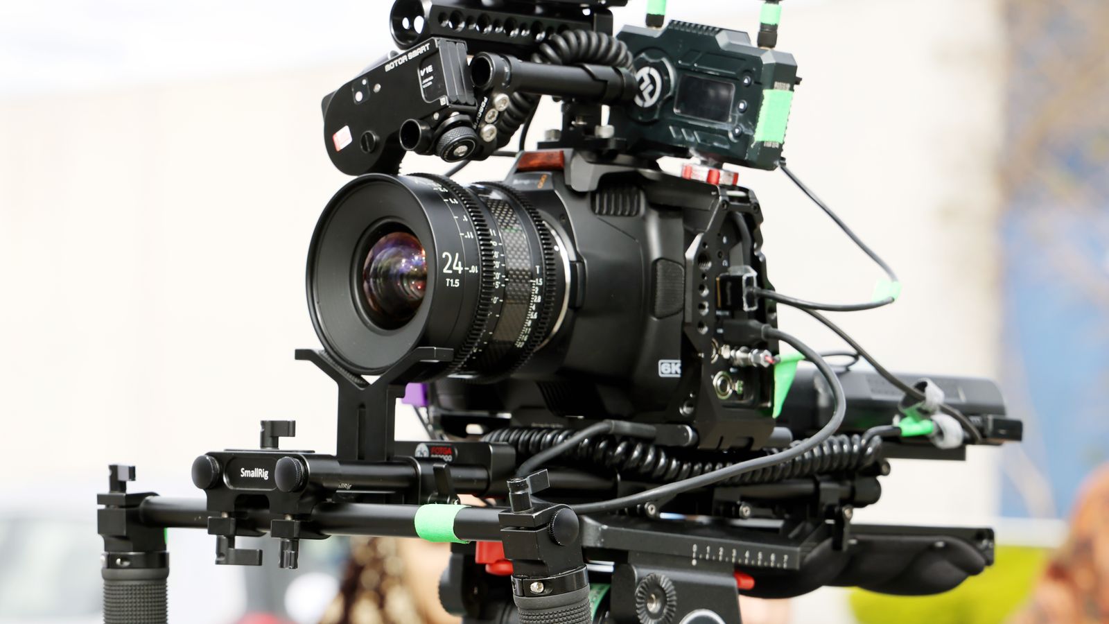 Close-up of a professional camera rig outdoors in Melbourne, VIC, showcasing film production equipment.