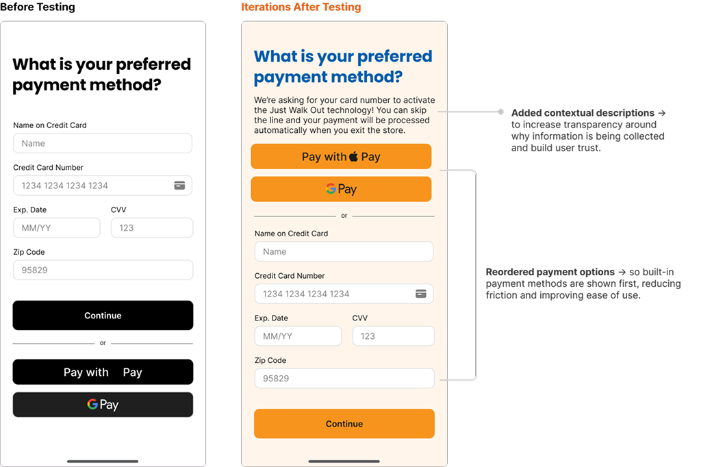 before vs. after choose a payment method wireframe