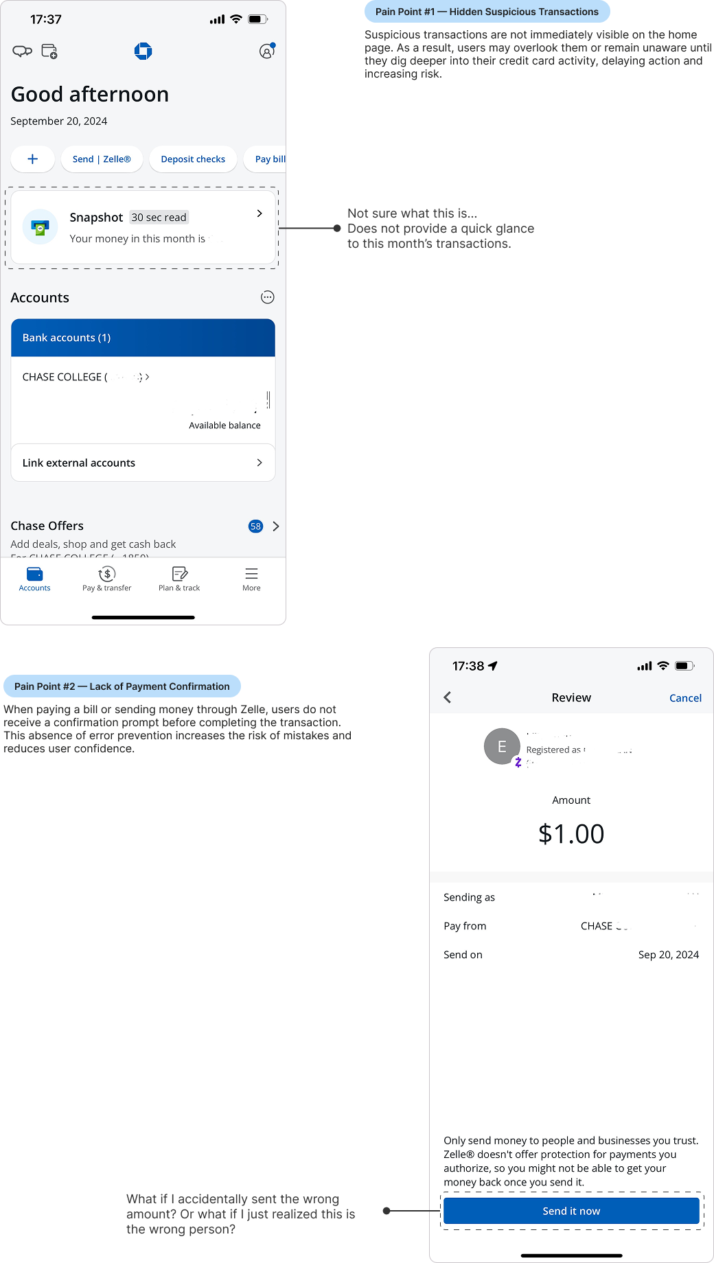 wireframes showing existing pain points