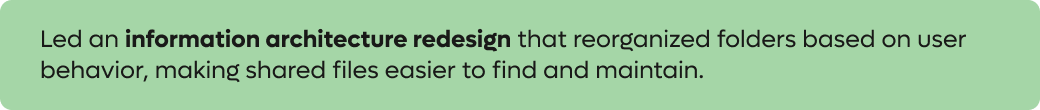 Led an information architecture redesign that reorganized folders based on user behavior, making shared files easier to find and maintain.