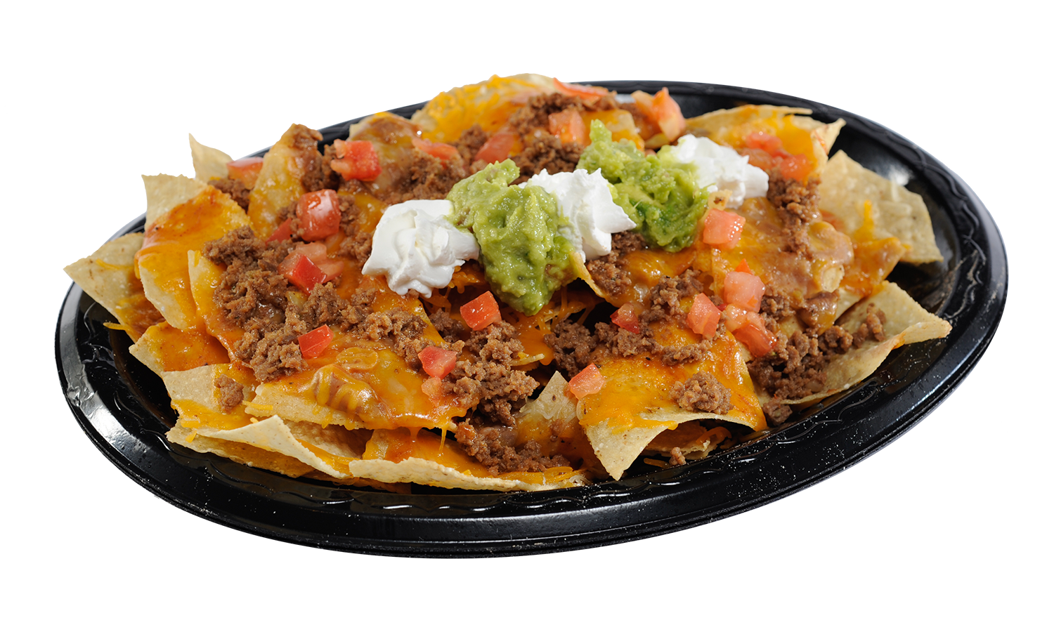 Fresh tortilla chips topped with refritos, enchilada sauce, cheddar and Monterey Jack cheese, seasoned ground beef, tomatoes, guacamole and sour cream. 