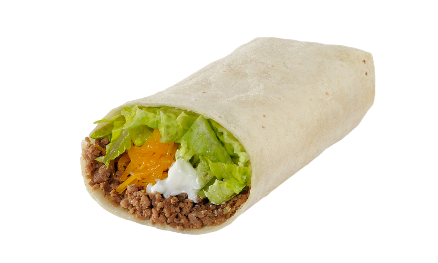 Our #1 seller! Ground beef, cheddar cheese, lettuce, and sour cream rolled in a soft flour tortilla.