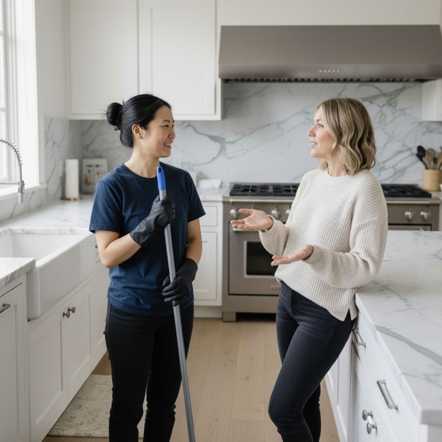 El Clean cleaner speaking with a client.