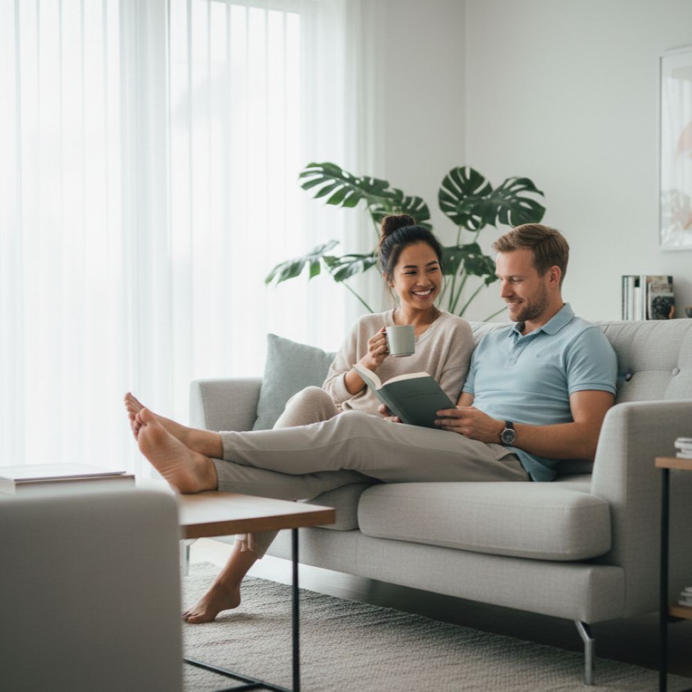 A couple relaxing in a clean home.