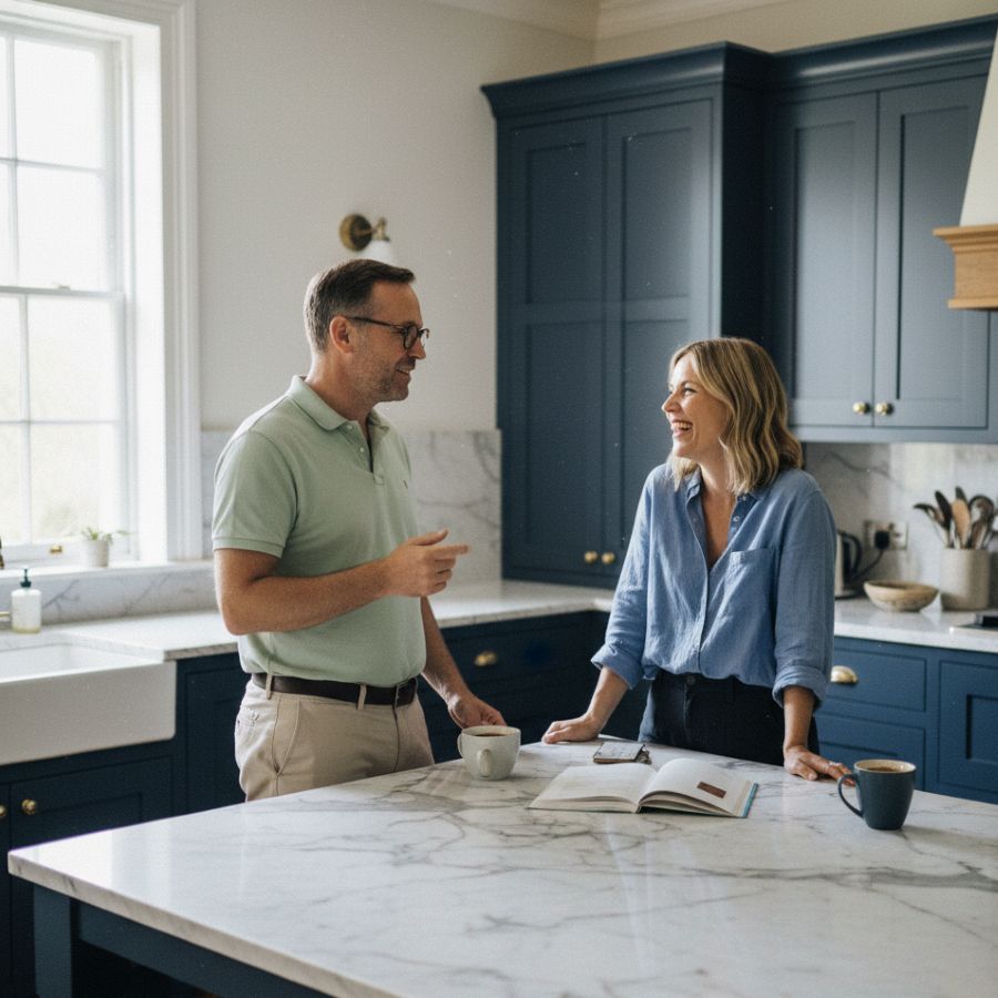 A couple relaxing in a clean kitchen.