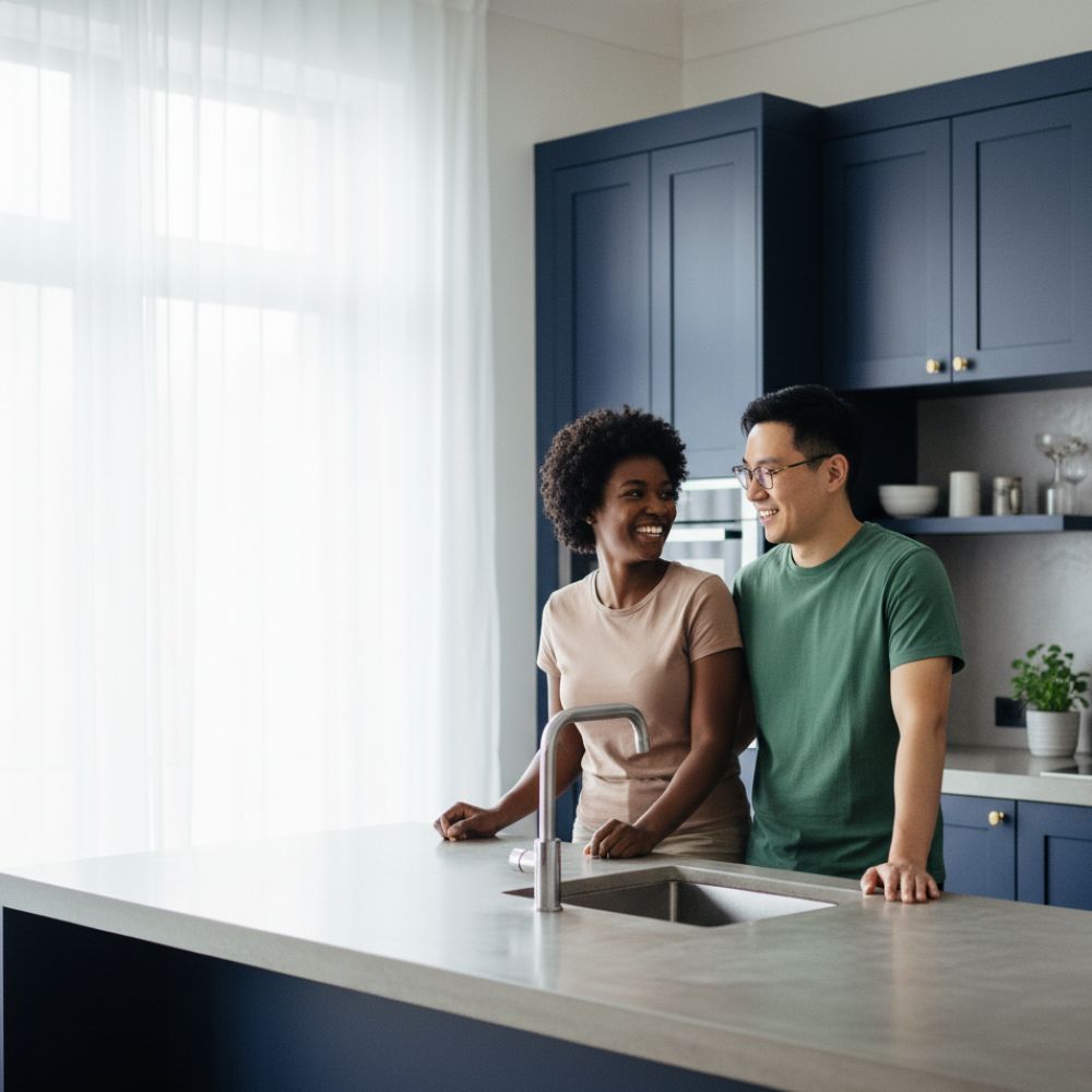 A couple relaxing in a clean kitchen.