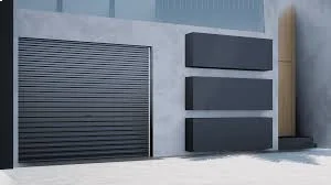 Modern concrete building facade with a closed black metal shutter door and three horizontal black rectangular panels mounted on the wall.