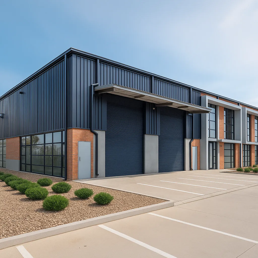 Modern industrial building with blue metal roller shutters, large windows, and landscaped parking area.
