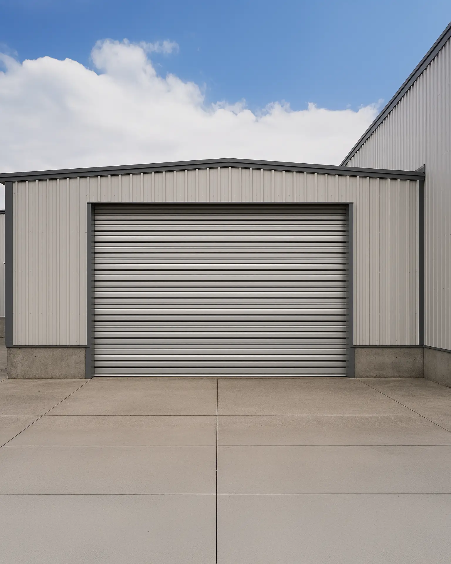 Closed silver metal roller door on a light gray industrial building under a partly cloudy sky.
