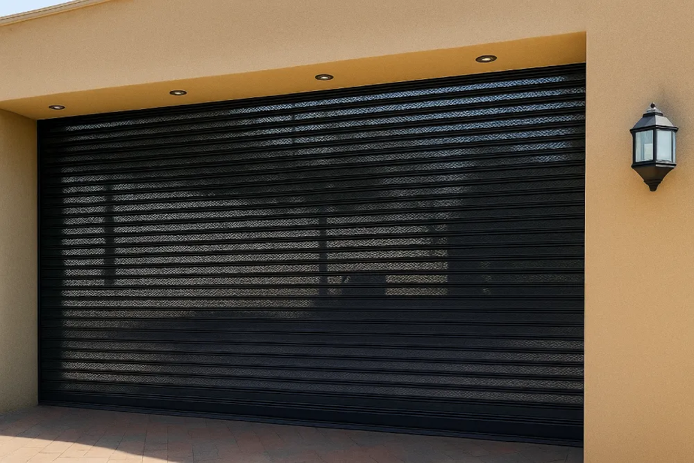 Closed black perforated roller shutter door on a beige garage with exterior wall lamp and recessed ceiling lights.