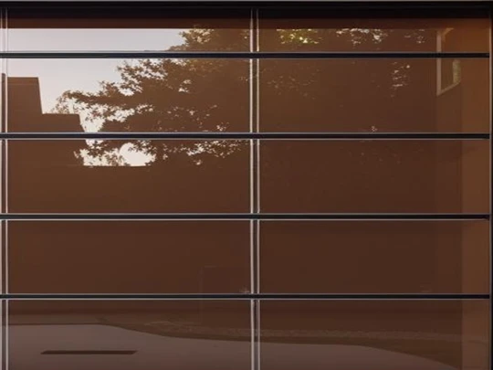 Glossy brown glazed frameless single door with horizontal metal lines reflecting outdoor trees and buildings.
