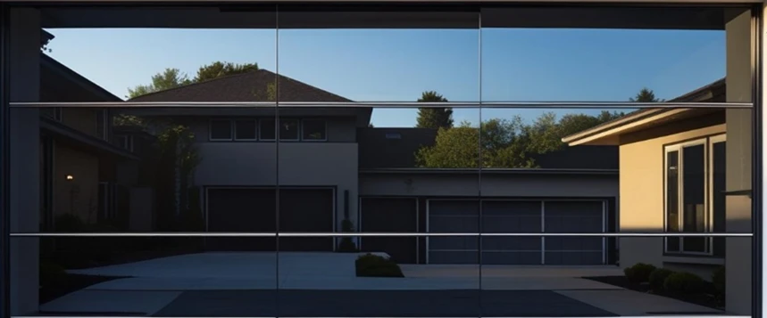 Modern glazed frameless double garage door reflecting houses, driveway, and trees under a clear sky.