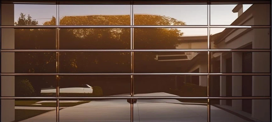 Sunlit driveway and trees reflected in the glass panels of a modern framed door.