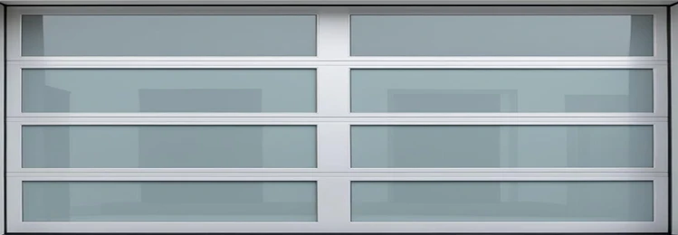 Modern garage door with frosted glass panels and aluminum frame.