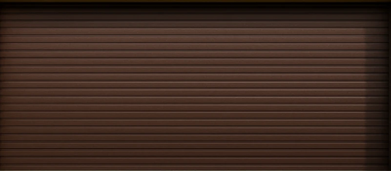 Closed dark brown steel roll-up garage door with horizontal panels.