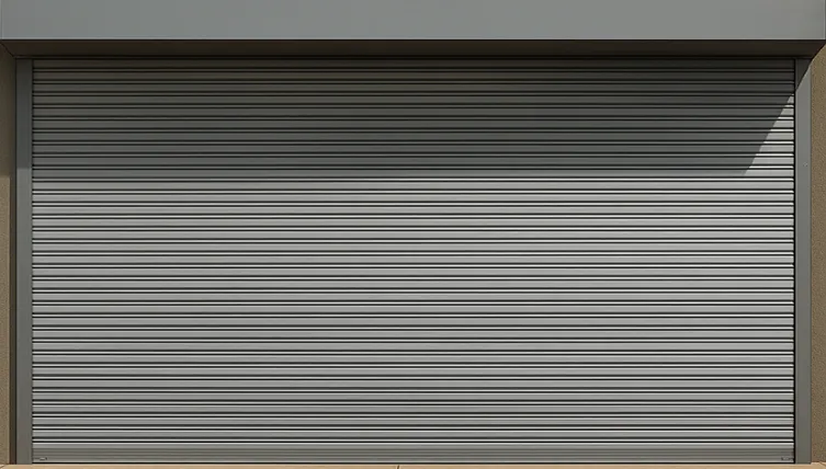 Closed gray metal roller shutter door with horizontal slats.