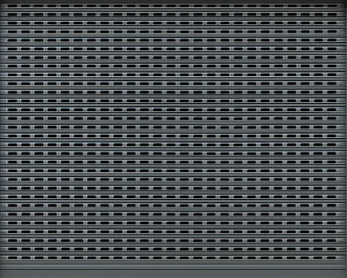 Closed gray metal rolling shutter door with horizontal ventilation slots.