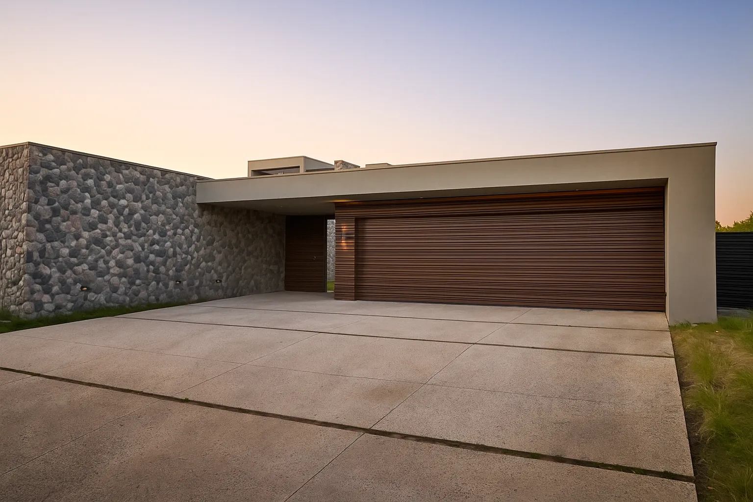 Modern house exterior with large wooden garage door and stone wall under a clear evening sky.