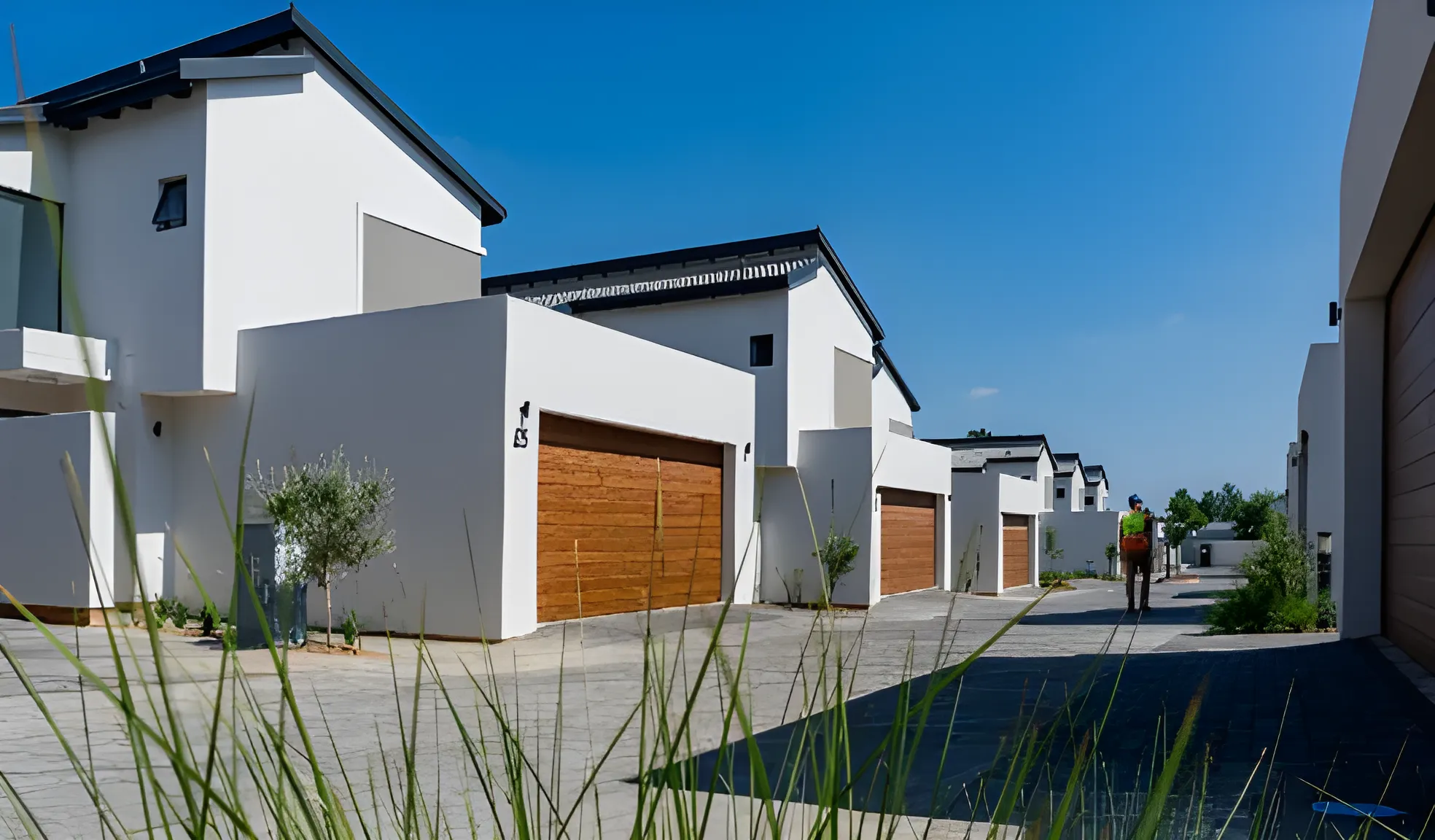 Row of modern white houses with wooden garage doors under a clear blue sky and a person walking in the distance.