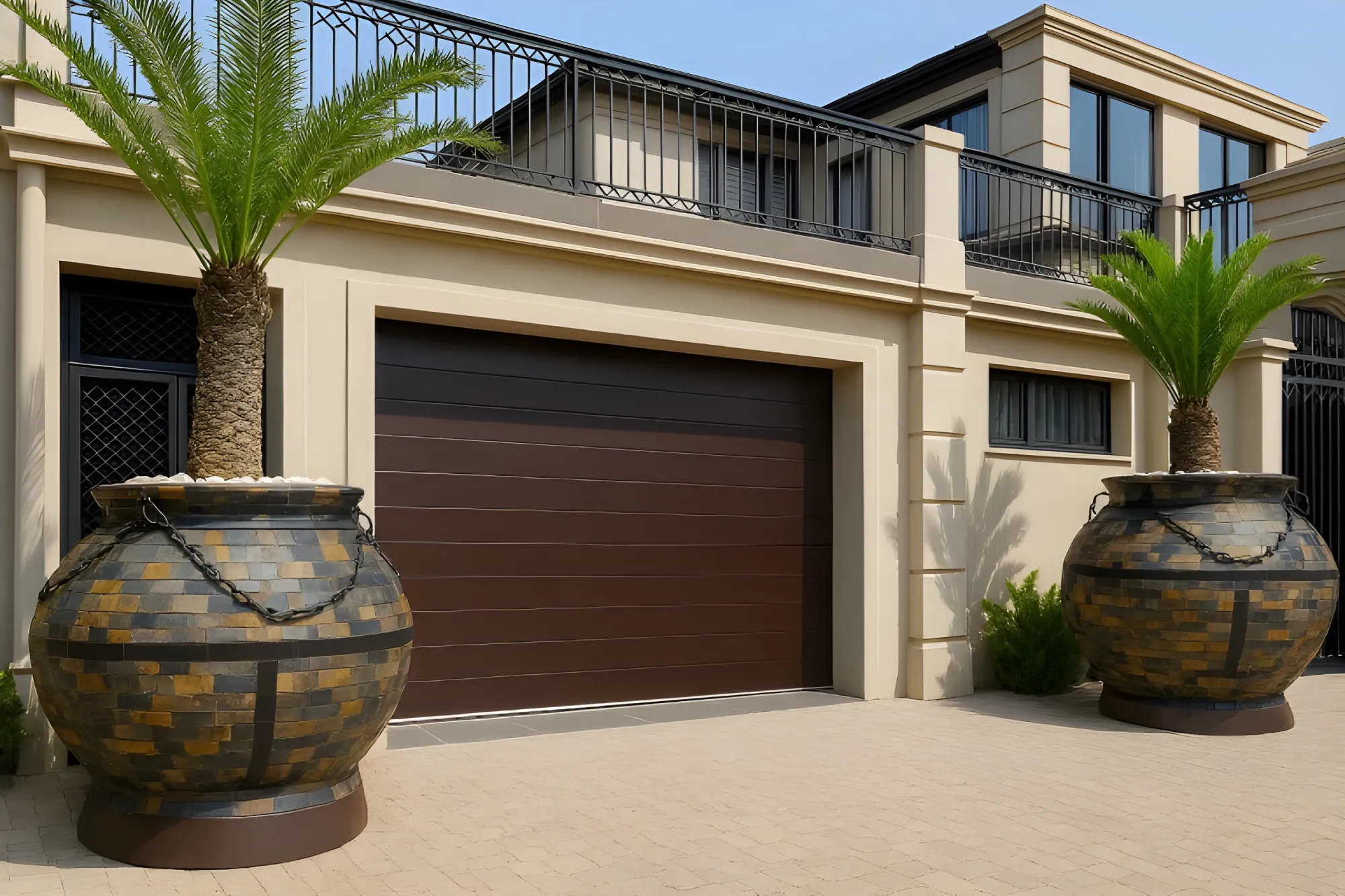 Modern beige house with a closed dark brown garage door flanked by two large decorative pots holding palm plants.