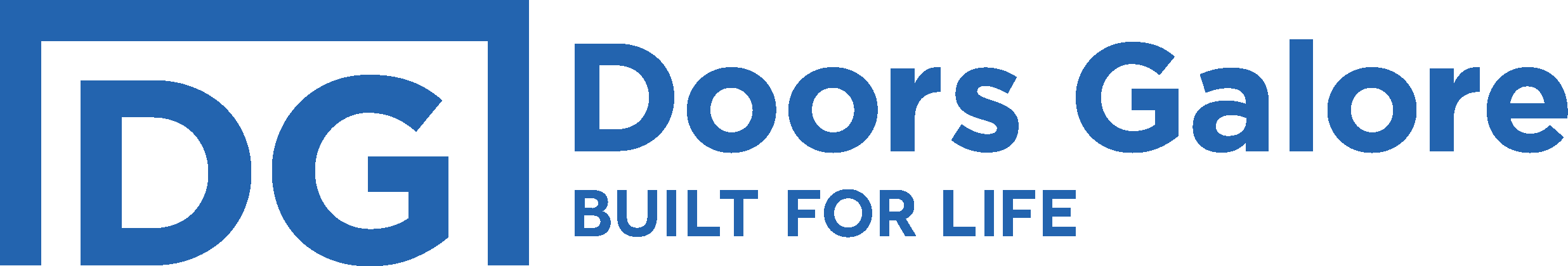 Doors Galore logo with blue letters 'DG' inside a square and the tagline 'Built for Life'.